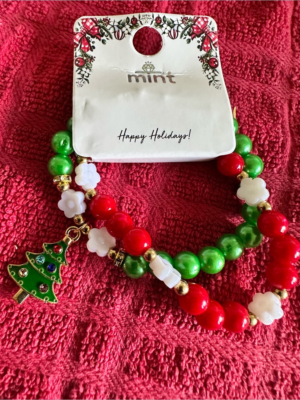 Mint Red, Green & White Christmas Tree Charm Bracelet Set